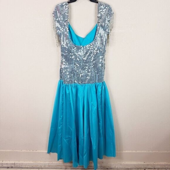 Alyce Designs 80s Vintage Evening Gown Sequin Beaded Dress Blue Silver - Picture 5 of 9